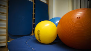 Fysioterapi är en av centrets tjänster. En trampolin med färggranna gymnastikbollar på.