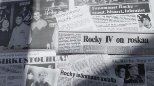 "I de tidigare filmerna klubbade Rocky negrer i huvudet, nu har turen kommit till en representant för sovjeteliten..." Uusi Suomi /1986 Bild av rubriker i anslutning till Rocky IV