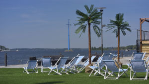 ett terassområde med palmer och blåvitrandiga solstolar på en festival