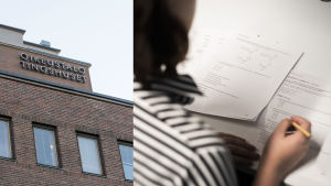 Kvinnan försökte våren 2018 bli antagen till medicinska fakulteten vid Helsingfors univeristet men har nu åtalats för grov förfalskning. Ett kollage på två bilder, till vänster en bild på Helsingfors tingsrätts fasar. Till höger en bild på en kvinna som skriver ett prov.
