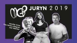 Årets jury i MGP. Jennifer Erica, Tika Sevón Liljegren och Joel Edström. tre MGP domare poserar för kameran