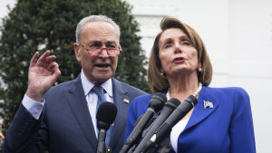 Demokraternas minoritetsledare i senaten Chuck Schumer och representanthusets demokratiska majoritetsledare Nancy Pelosi talar vid ett podium. Pelosi har en klarblå kavaj, medan Schumer har en mörkblå kavaj, eller vad som ser ut att vara en kostymrock. 