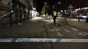 Polisen spärrade av området utanför pizzerian och genomsökte det bland annat med vapenhund. Polistejp avspärrar gata i Malmö, polis och vapenhund genomsöker området.