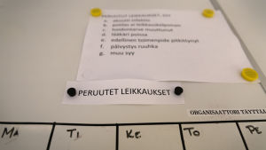 På anslagstavlan vid operationssalarna för man loggbok över vilka operationer som inte har blivit av. Porvoon sairaalan leikkausosaston ilmoitustaulu