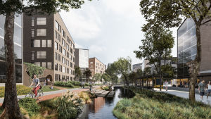 Åbo eller Amsterdam? I visualiseringen för bland annat Kirstiparken i Åbo får vattnet en allt större betydelse i stadsbilden. En visualisering av ett bostadsområde i Åbo. Till vänster en metro, och genom bostadsområdet löper en kanal/vattendrag. Till höger och vänster olika bostadshus. På bilden finns också flera olika människor och cyklister.