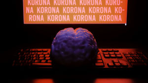 Aivot tietokoneruudun edessä, ruudulla toistuu sana korona.