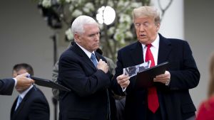 Duon Biden–Harris utgör en skarp kontrast till den republikanska duon Trump-Pence. President Donald Trump tillsammans med vicepresident Mike Pence inför tisdagens presskonferens som hölls på gräsmattan utanför Vita huset.