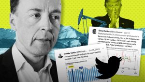 Kollaasi Jussi Halla-Ahosta, Donald Trumpista, öljynporausasemasta ja Twittertwiiteistä, jotka kyseenalaistavat ilmastonmuutosta. 