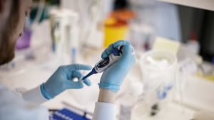 Det krävs en hel del laboratoriearbete för att ta fram ett vaccin. Närbild på när en man jobbar med att utveckla ett coronavaccin.