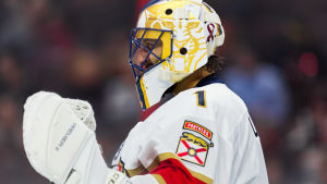 Roberto Luongo avslutade sin karriär i Florida. Roberto Luongo tittar rakt fram och lyfter sin plockhandske.