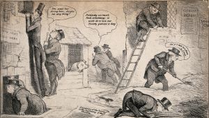 Illustration från London, Storbritannien 1832 där hälsovårdsinspektörer söker efter spår av kolera Tidningsillustration från London 1932 där hälsovårdsinspektörer söker efter spår av kolera