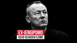 Mustavalkokuva miehestä (Keijo Vilhunen) ja teksti Ex-jengipomo Keijo Vilhusen elämä.