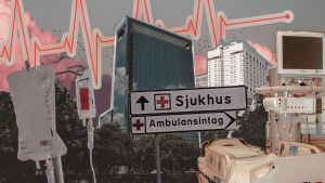 Det har blivit många vändor på Stockholms sjukhus för Elin. Ett kollage. I mitten en skylt där det står sjukhus. Runt omkring bilder på sjukhus, en påse med dropp och en sjukhussäng.