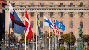 Alla länder och självstyrda områden i Norden har haft färre nordjobbare i år. Nordens flaggor vid Riksdagshuset under sessionen i Stockholm.