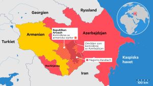 Det armeniska styret i Nagorno-Karabach och de omgivande armeniskt kontrollerade områdena har utropat sig till republiken Artsach, som inget land har erkänt. Vid Armeniens södra gräns ligger den azerbajdzjanska exklaven Nachitjevan. Karta över Nagorno-Karabakh och konfliktområdet mellan Armenien och Azerbajdzjan.