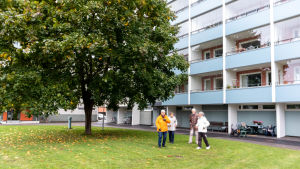 Innergården är öppen, grön och stor. Ros-Marie Wikström, Ruth Jussila, Sven Backman och Christina Larinmäki ute på en grön innergård.