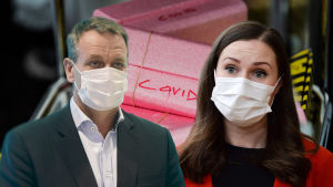 Relationen mellan regeringen och Helsingfors borgmästare beskrivs som spänd av regeringskällor. Bilden är ett bildmontage. Bildmontage av tre bilder. I bakgrunden syns rosa lådor med texten "covid" på. Till vänster syns en bild av Helsingfors borgmästare Jan Vapaavuori, till höger en bild av statsminister Sanna Marin. Båda bär munskydd.