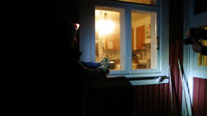 Ugglor trivs bättre i mörker än i ljus. Forskare Aleksi Lehikoinen visar upp den unga hornugglehonan vid fågelstationens stuga. En man håller i en uggla