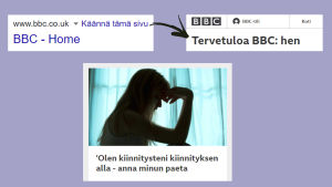 Googlen hakeman sivun voi kääntää saman tien. Tässä alkuteksti alkaa I am trapped by my mortgage. Kone ei veny sananlaskuun Olen asuntolainani vanki. Kuvakaappaus sivulta bbc.co.uk Googlen konekääntämänä, otsikko käsittämätöntä suomea.