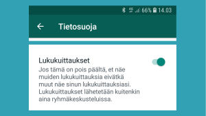Lukuluittaukset päällä Android-puhelimessa. Kuvakaappaus WhatsAppista: Lukukuittaukset päällä Androidissa.