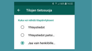Voit rajata sitä, kuka näkee tilapäivityksesi. Kuva Androidista. Kuvakaappaus WhatsAppista: Tilapäivitykset rajataan vain tietyille henkilöille.