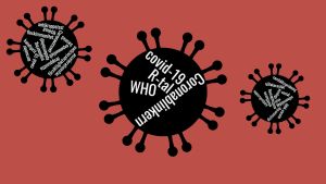 Vilka ord har du börjat använda flitigt under pandemin? En illustration som föreställer tre coronavirus och i viruset finns en massa ord som har med coronavirus eller covid-19 att göra.