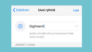Anna ryhmälle selkeä nimi. Tästä ryhmästä puuttuu vielä jäseniä. Kuva iPhonesta. Kuvakaappaus WhatsAppista: Uuden ryhmän perustaminen iPhone