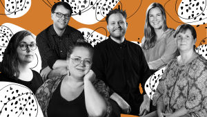 Kia Svaetichin leder årets bokvaka tillsammans med bokälskarna Elin Willows, Lasse Garoff, Jonas Forsbacka, Anne Hietanen och Marit Lindqvist Fotocollage av Svenska Yles kulturjournalister: Kia Svaetichin, Lasse Garoff, Marit Lindqvist, Anne Hietanen, Elin Willows och Jonas Forsbacka