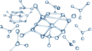 Molekyylejä kuvattuna vaaleansinisinä läpinäkyvinä pallo-viiva-kytköksinä valkoista taustaa vasten.