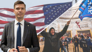 Charly Salonius-Pasternak analyserar läget efter de senaste händelserna i USA. Bilden är ett bildmontage. Montage av tre bilder. I bakgrunden syns USA:s flagga och en man som håller i en Trumpflagga inne i kongressen. Vid sidan i en bild står en man i kostym och tittar in i kameran.