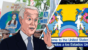 78-åriga Joe Biden konfronteras av enorma utmaningar när han tar över som president. Grafik/bildmontage. I bakgrunden syns personer som demonstrerar under en klimatmarsch samt en skylt med texten "Välkommen till USA" vid gränsen till Mexiko. I förgrunden målning av Joe Biden.