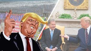 Trumps tid som president är förbi – åtminstone för den här gången. Grafik/bildmontage. I bakgrunden syns två bilder, en bild från muren mellan Mexiko och USA, den andra föreställer Sauli Niinistö och Donald Trump. I förgrunden karikatyr av Donald Trump.