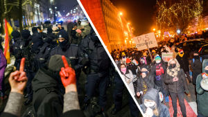 Hundratals demonstrerade i den polska huvudstaden i går, men också på andra håll ordnades protester mot landets nya abortlag. Collage av två bilder. Till vänster en person som håller upp långfingrarna till poliser i Polen, till höger människor som demonstrerar.