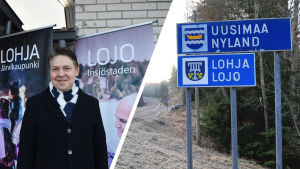Lojos stadsdirektör Mika Sivula är nöjd över att staden lockat fler inflyttare i år. Collage av två bilder. Till vänster syns Lojos stadsdirektör Mika Sivula som står framför reklamskyltar där det står "Lojo, Insjöstaden". Till höger syns en skylt vid vägrenen med texten "Nyland, Lojo".