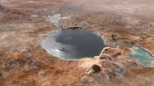Konstnärens vision av meteoritkratern Jezero på den tiden då Mars ännu hade vatten på sin yta. Meteoritkratern Jezero på Mars på den tiden då den inhyste en sjö.