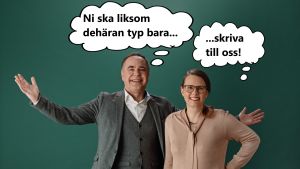 Språkpodden Näst sista ordet samlar in berättelser på ord folk sagt fel under en presentation - eller utfyllnadsord som personen som hållit i föredrag inte kunna sluta säga. Jens och Jenny står mot en grön bakgrund - med pratbubblor som säger "Ni ska liksom dethäran typ bara skriva till oss".
