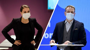 Statsminister Marin och Helsingfors borgmästare Vapaavuori har flera gånger varit i coronadebatt med varandra. Collage av två bilder. Till vänster statsminister Sanna Marin i munskydd, till höger Helsingfors borgmästare Jan Vapaavuori i munskydd.