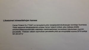 Cerner Finland Oy fick en dryg halv miljon euro från det irländska moderbolaget år 2019. Ur Cerner Finland Oy:s bokslut