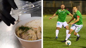 EIF:s fotbollsspelare ska också vara beredda att köra ut mat från restauranger i Ekenäs. Om mittfältaren Xhevdet Gela och lagkapten Zacharias Ekström ska göra det är däremot oklart. Ett fotocollage med hämtmat till vänster och en fotbollsspelare från EIF till höger.