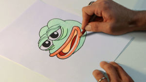 Små grodorna är lustiga att se. Så länge de inte likt Pepe kapas av extrema grupperingar. Närbild av Matt Furies hand när han tecknar grodan Pepe.