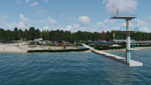 Lek- och motionsparken sedd från vattnet. Snellmans lekparksområde vid Gamla hamn i Jakobstad.