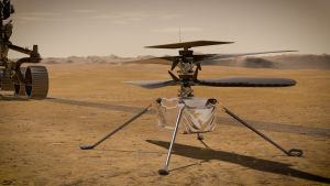 Så här ser minihelikoptern Ingenuity ut. Det är den första farkosten som genomfört en flygning på en annan planet. En illustration av minihelikoptern Ingenuity som placerades på planeten Mars den 4 april 2021.