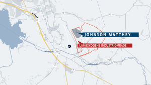 Johnson Matthey planerar att slå sig ner på ett omkring 50 hektar stort område. Kartgrafik över Långskogens industriområde, där Johnson Mattheys tomt finns inritad.