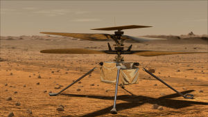 Mars-helikopteri piirroksessa Marsin pinnalla valmiina lentoon.