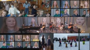 Ett filmteam reste runt till skolor i Svenskfinland och skolorna kunde också skicka in eget videomaterial. Delad skärm med massor av bilder på skolbarn som spelar och sjunger i kör.