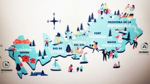 "Loviisa Haven" längst till väster på Cursors marknadsföringsbild över städer och kommuner i Östra Nyland och Kymmenedalen. Bild av karta över Lovia och kommuner i Kymmenedalen.