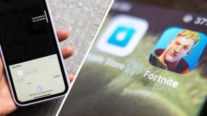 Collage av två bilder. Till vänster en hand som håller i en telefon där det görs ett köp i App Store. Till vänster syns appen Fortnite i en telefon.