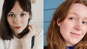Julia Mäkkylä tilldelas andra pris och Evelina Kulp tredje pris i Arvid Mörne-tävlingen. Julia Mäkkylä och Evelina Kulp.