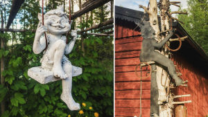 Kahden kuvan yhdistelmä, vasemmalla pieni valkoinen peikkopatsas istuu keinussa, oikealla sarvipäistä hahmoa esittävä patsas Galleria Gottorpin pihalla Kristiinankaupungissa.
