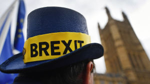 Beslutet att lämna EU splittrade britterna. En EU-förespråkare som demonstrerade utanför parlamentet i London 24.10.2017.